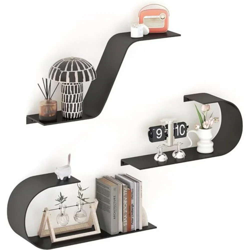 Black Metal Floating Shelves Set of 3 Wall Mounted Shelf for Home Decor